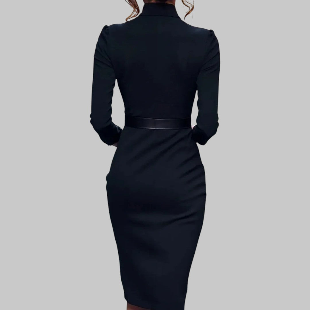 Women's Midi Dress - Long Sleeve, Collar, Belted, Sheath Design for Office & Evening Wear