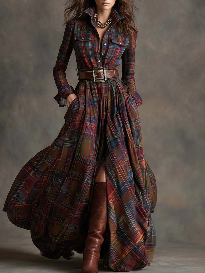 Women's Maxi Dress - Retro Reddish Brown Plaid with Lapel