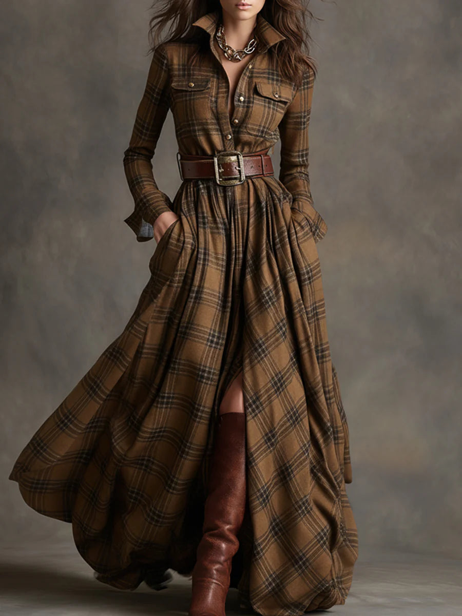Women's Maxi Dress - Retro Reddish Brown Plaid with Lapel