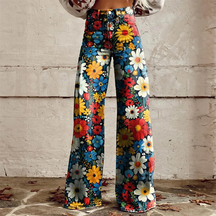 Wide Leg Pants High Waist Printed Women Flared Fit
