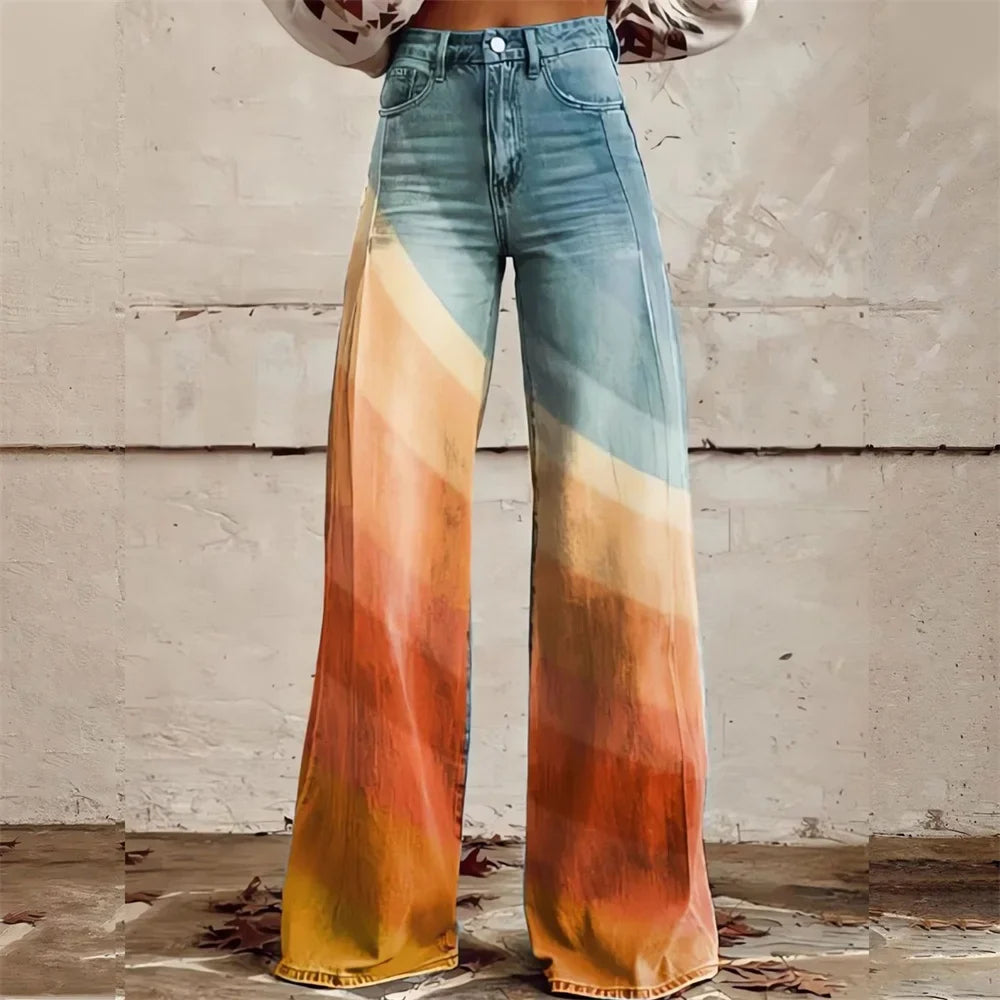 Wide Leg Pants High Waist Printed Women Flared Fit