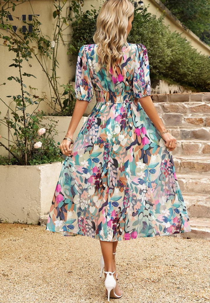 Women's Floral Midi Dress with Puff Sleeves