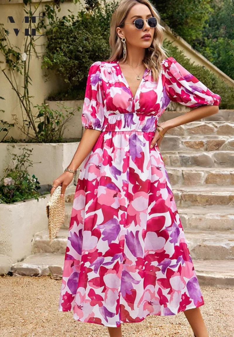 Women's Floral Midi Dress with Puff Sleeves