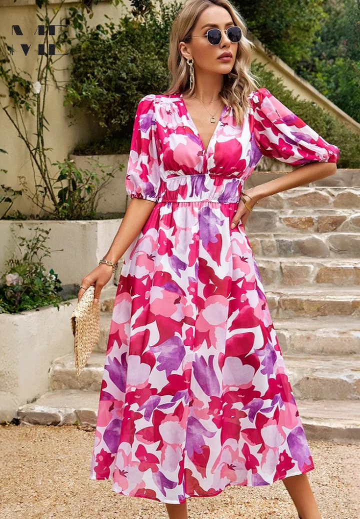 Women's Floral Midi Dress with Puff Sleeves