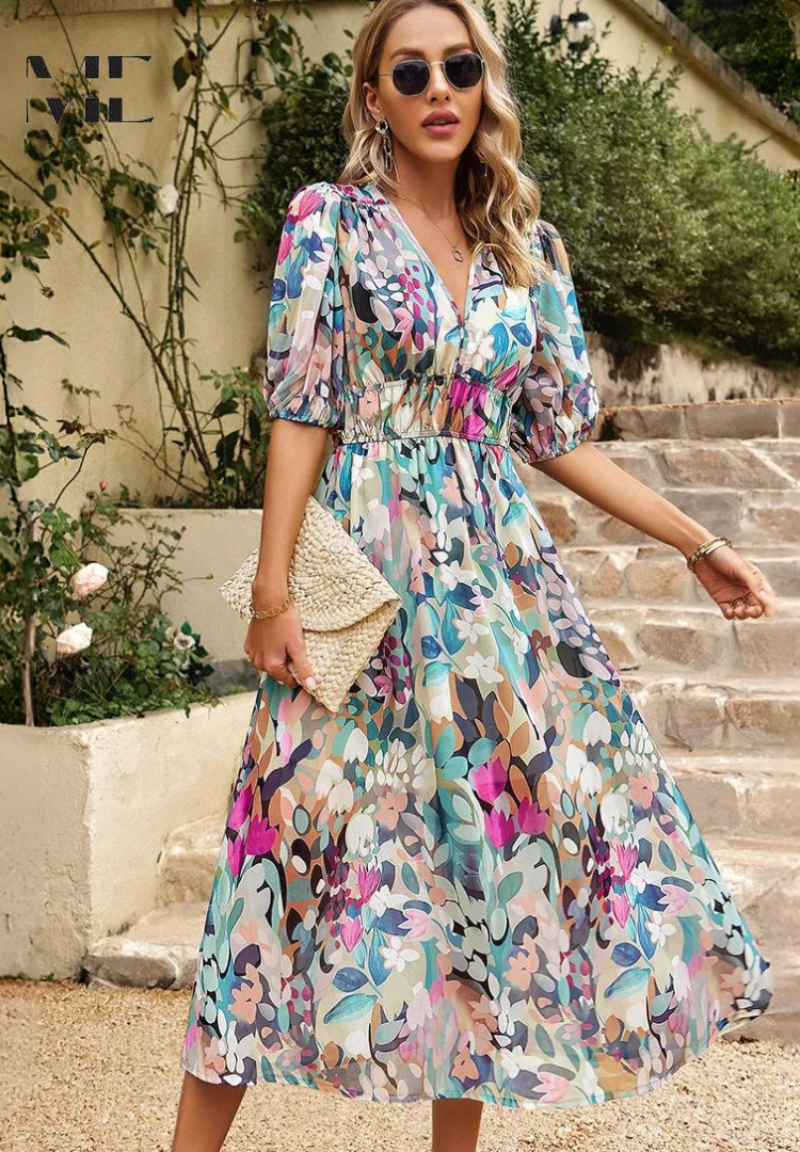 Women's Floral Midi Dress with Puff Sleeves