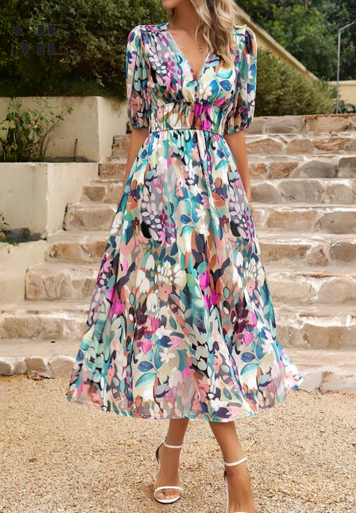 Women's Floral Midi Dress with Puff Sleeves