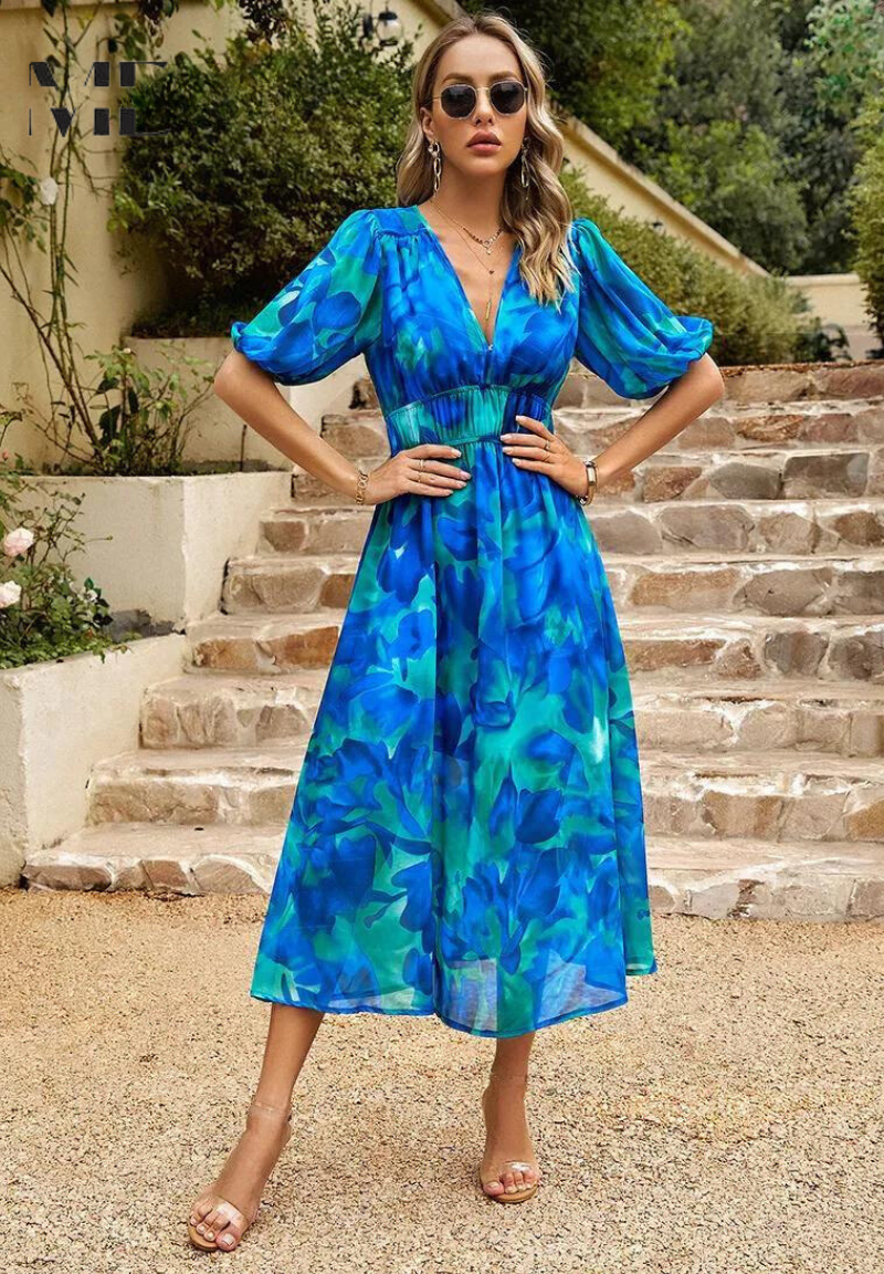 Women's Floral Midi Dress with Puff Sleeves
