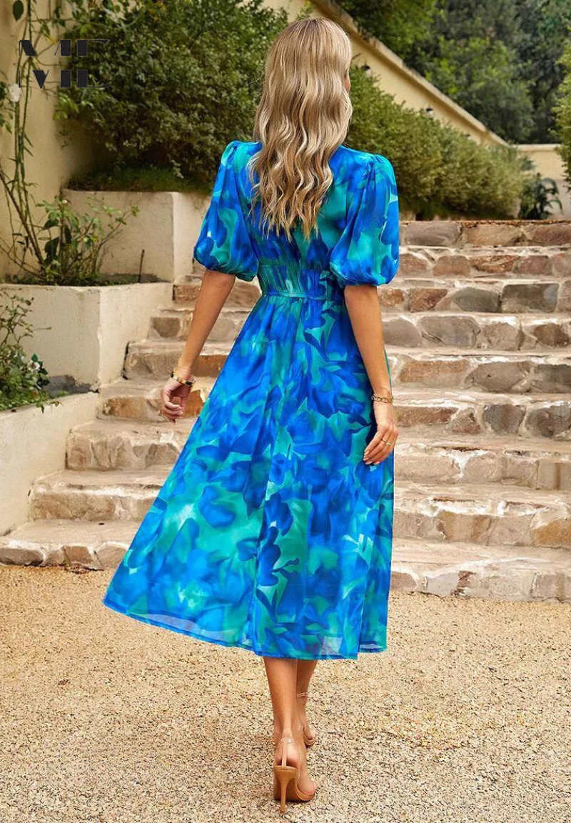Women's Floral Midi Dress with Puff Sleeves
