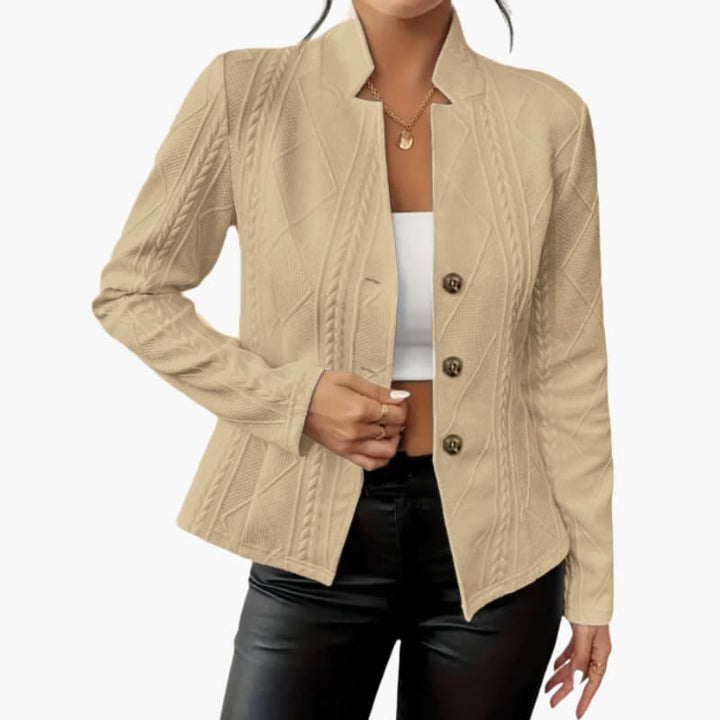 Women’s blazer with lapel collar and single button closure