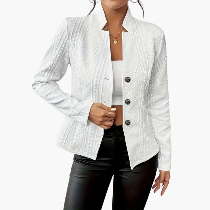 Women’s blazer with lapel collar and single button closure