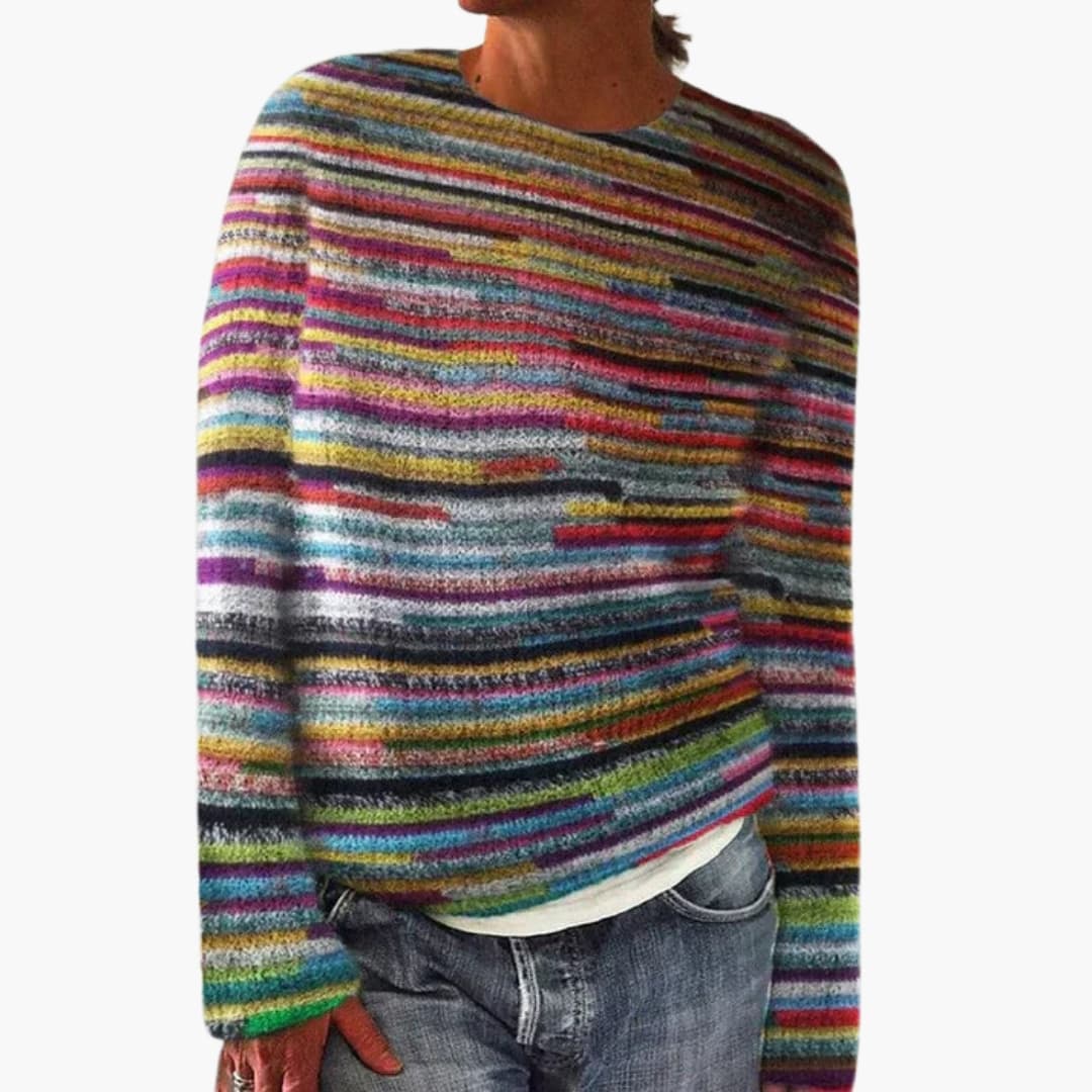 Women’s striped knit sweater with round neckline