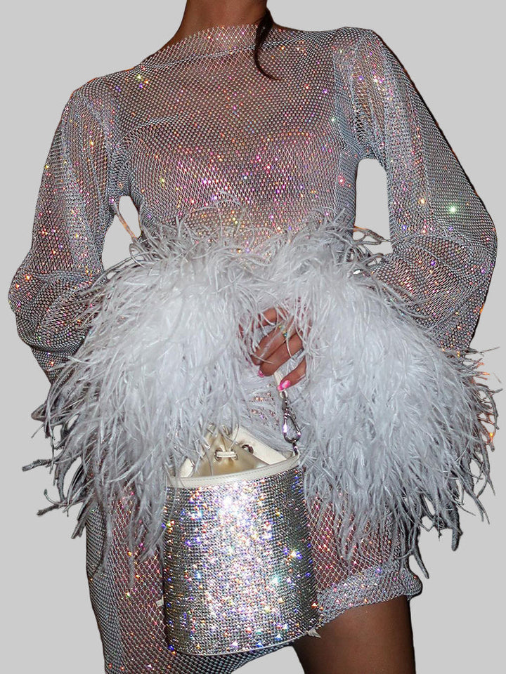 Women’s Sparkly Mini Dress with Feather Cuffs | Party Dresses