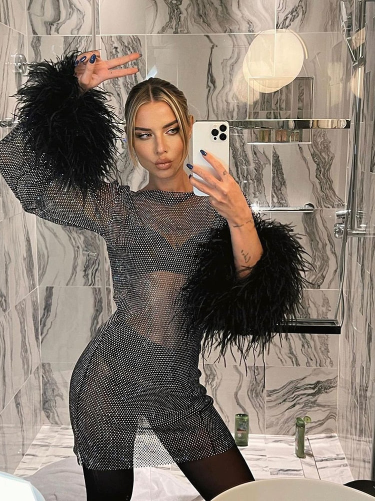 Women’s Sparkly Mini Dress with Feather Cuffs | Party Dresses