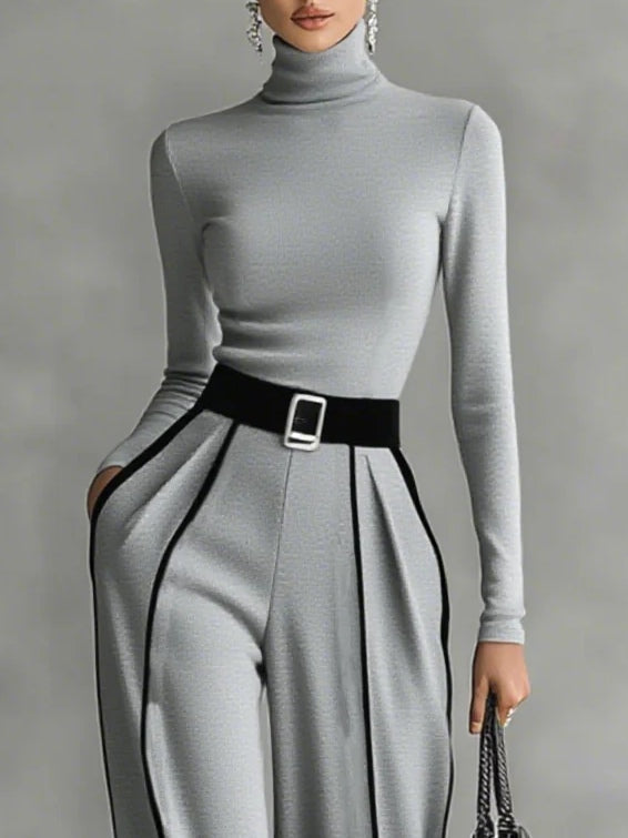 Women's High-Neck Long-Sleeved Top and Wide-Leg Pants Set with Belt, White Trim