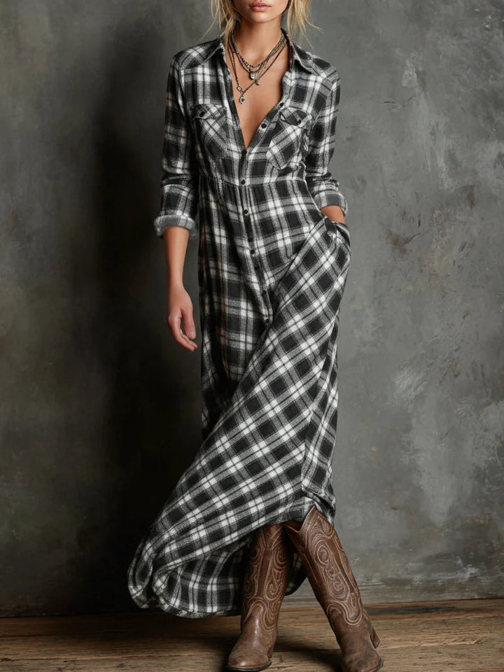 Women's Long Dress Green Plaid Lapel Single-Breasted Shirt