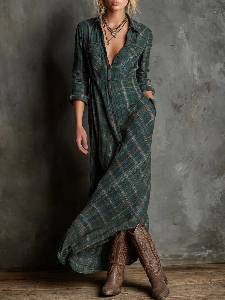 Women's Long Dress Green Plaid Lapel Single-Breasted Shirt