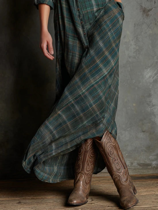 Women's Long Dress Green Plaid Lapel Single-Breasted Shirt