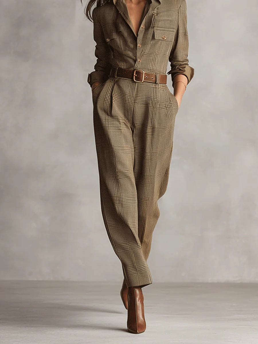 Women's Utility Jumpsuit in Brown Tweed Texture with Plaid Design