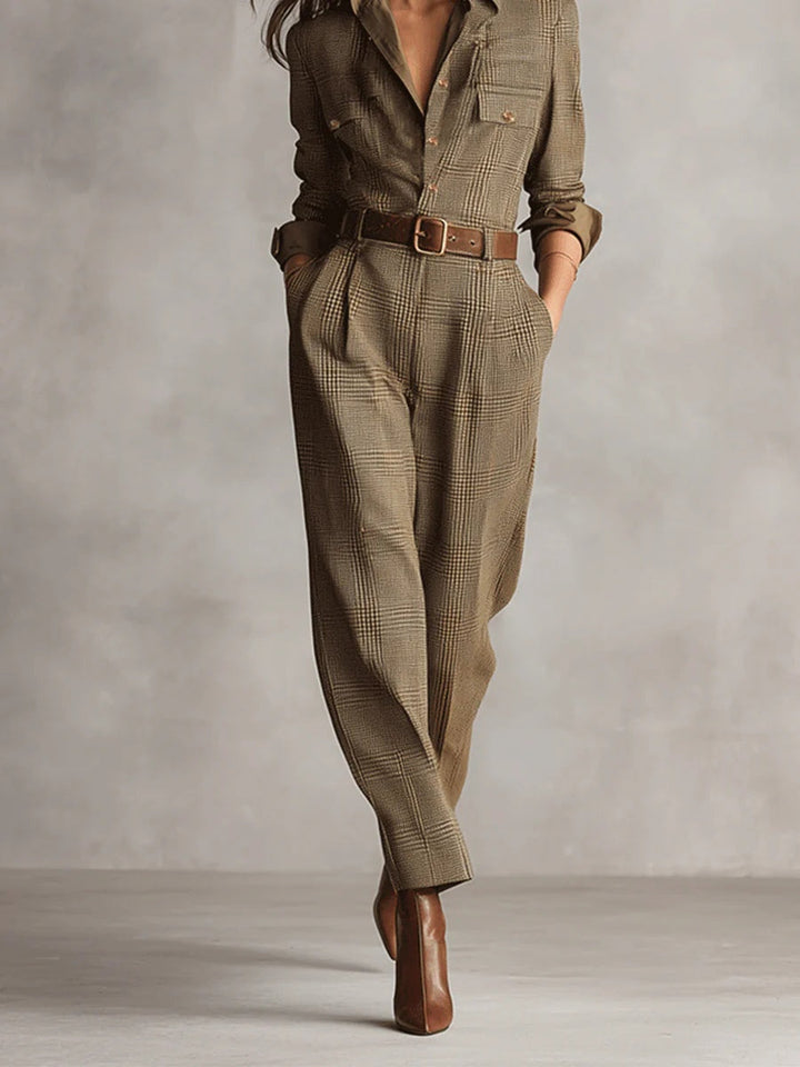Women's Utility Jumpsuit in Brown Tweed Texture with Plaid Design