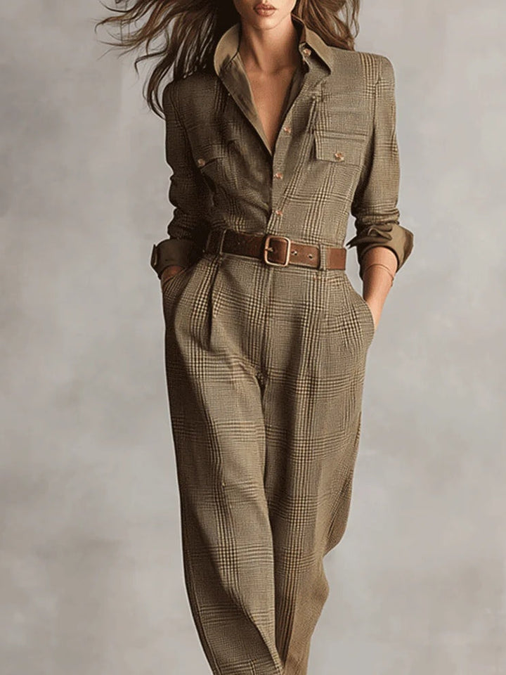 Women's Utility Jumpsuit in Brown Tweed Texture with Plaid Design