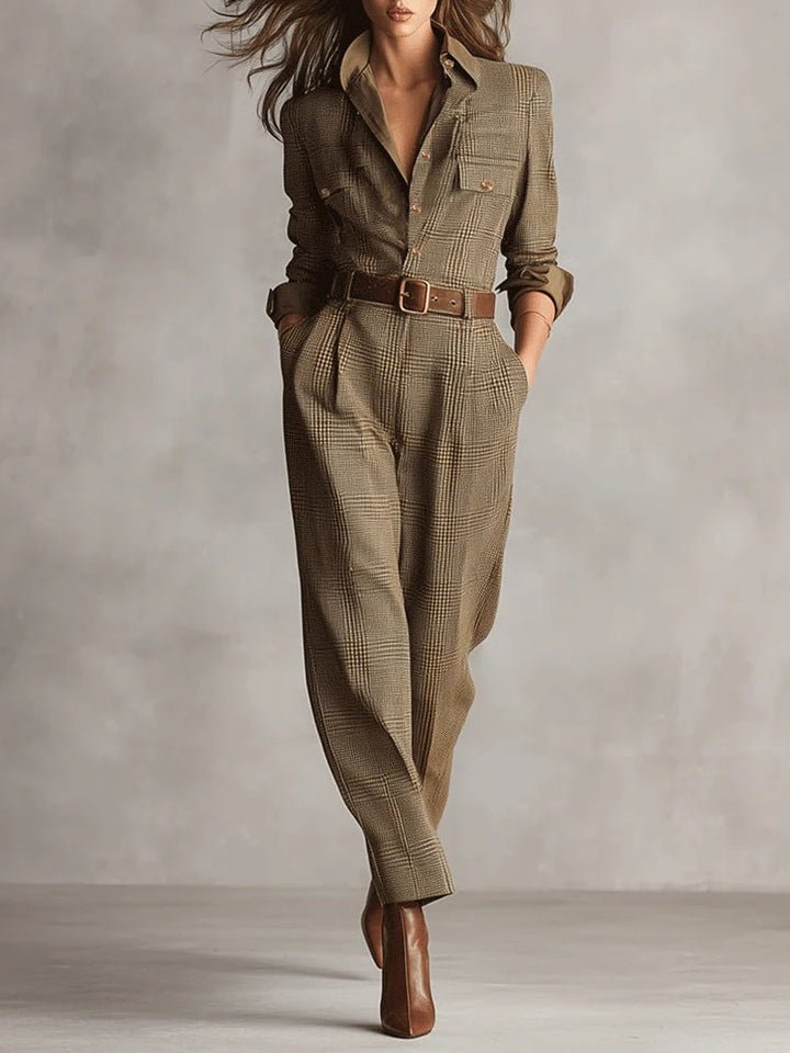 Women's Utility Jumpsuit in Brown Tweed Texture with Plaid Design