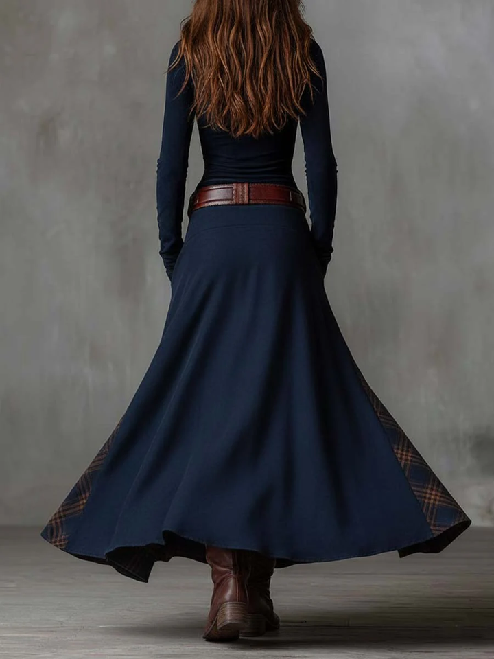 Women's Vintage Maxi Dress in Navy Plaid Suede with Belt