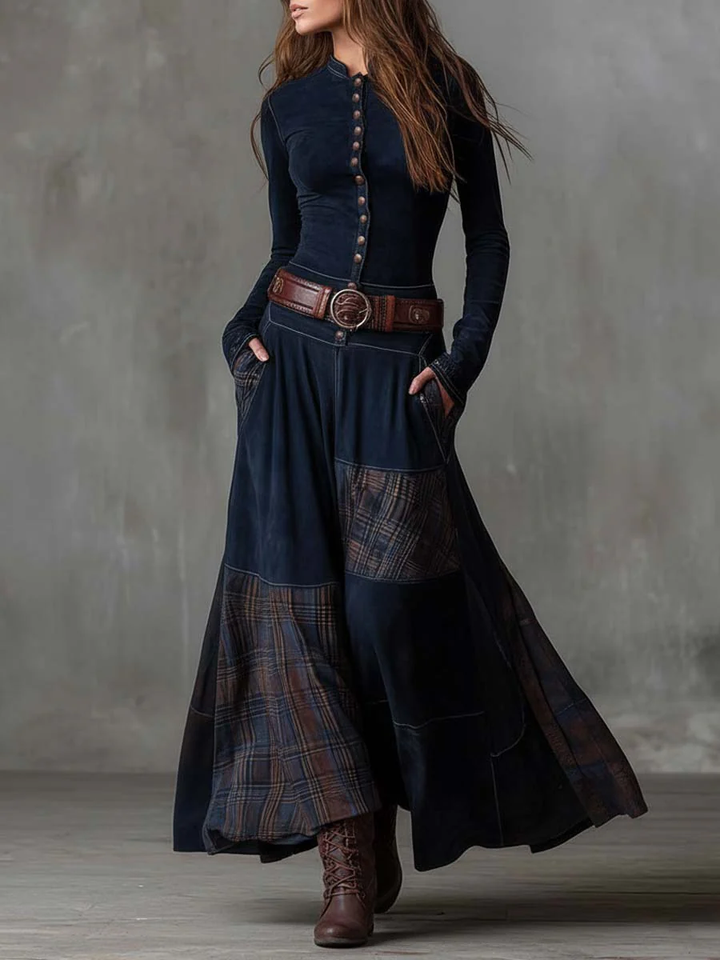 Women's Vintage Maxi Dress in Navy Plaid Suede with Belt