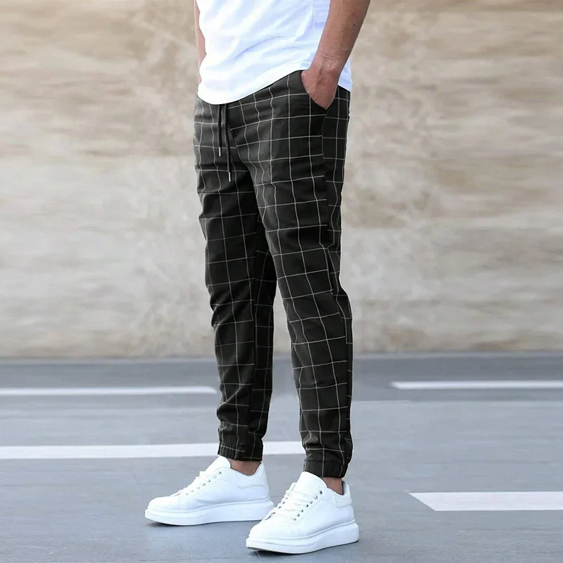 Joggers Men Checkered Tapered Fit Elastic Waist Drawstring
