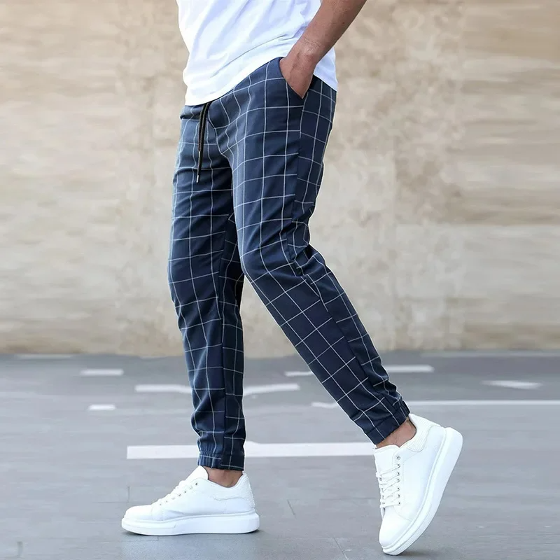 Joggers Men Checkered Tapered Fit Elastic Waist Drawstring