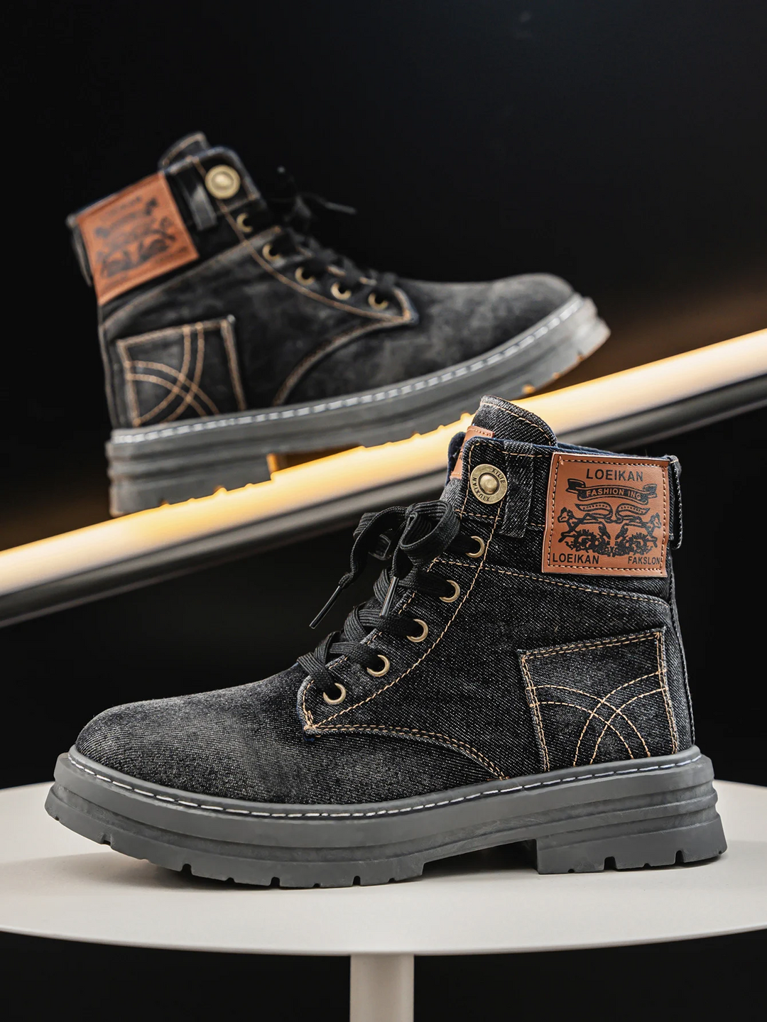 mens denim boots lace up rubber sole