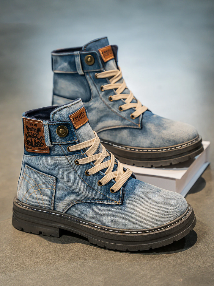 mens denim boots lace up rubber sole
