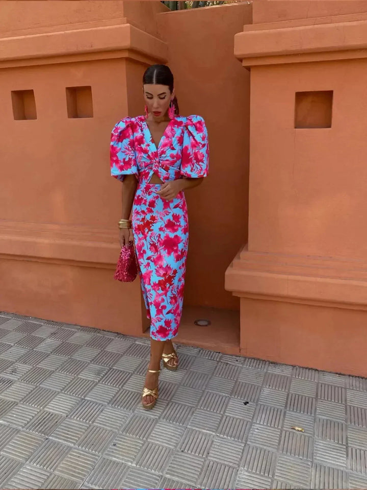 Women's Elegant Dress with Printed Puff Sleeves