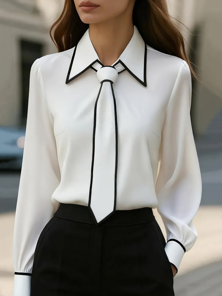 tie blouse contrast trim long sleeve women