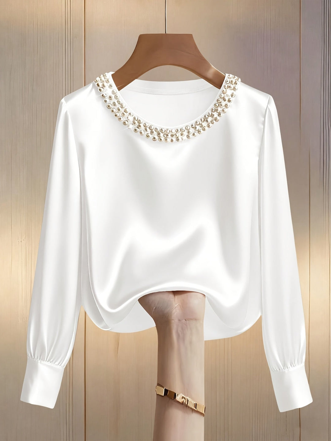 Women’s Satin Blouse Pearl Trim Long Sleeve