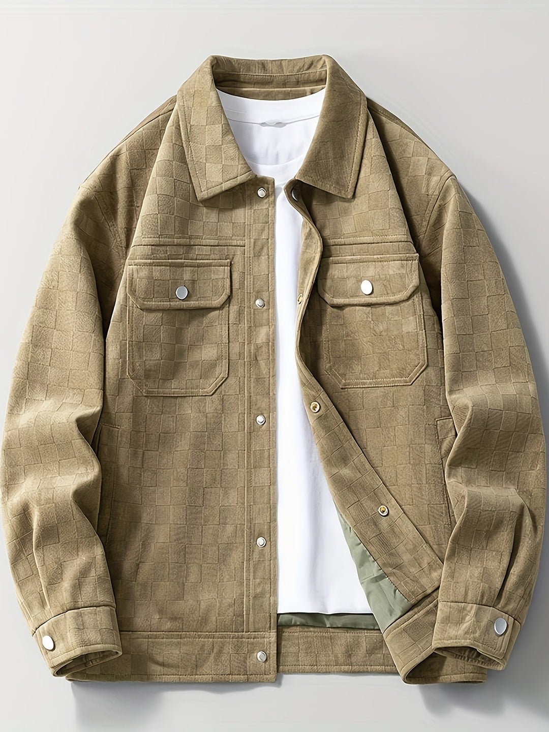 mens suede jacket checkered texture snap cuff