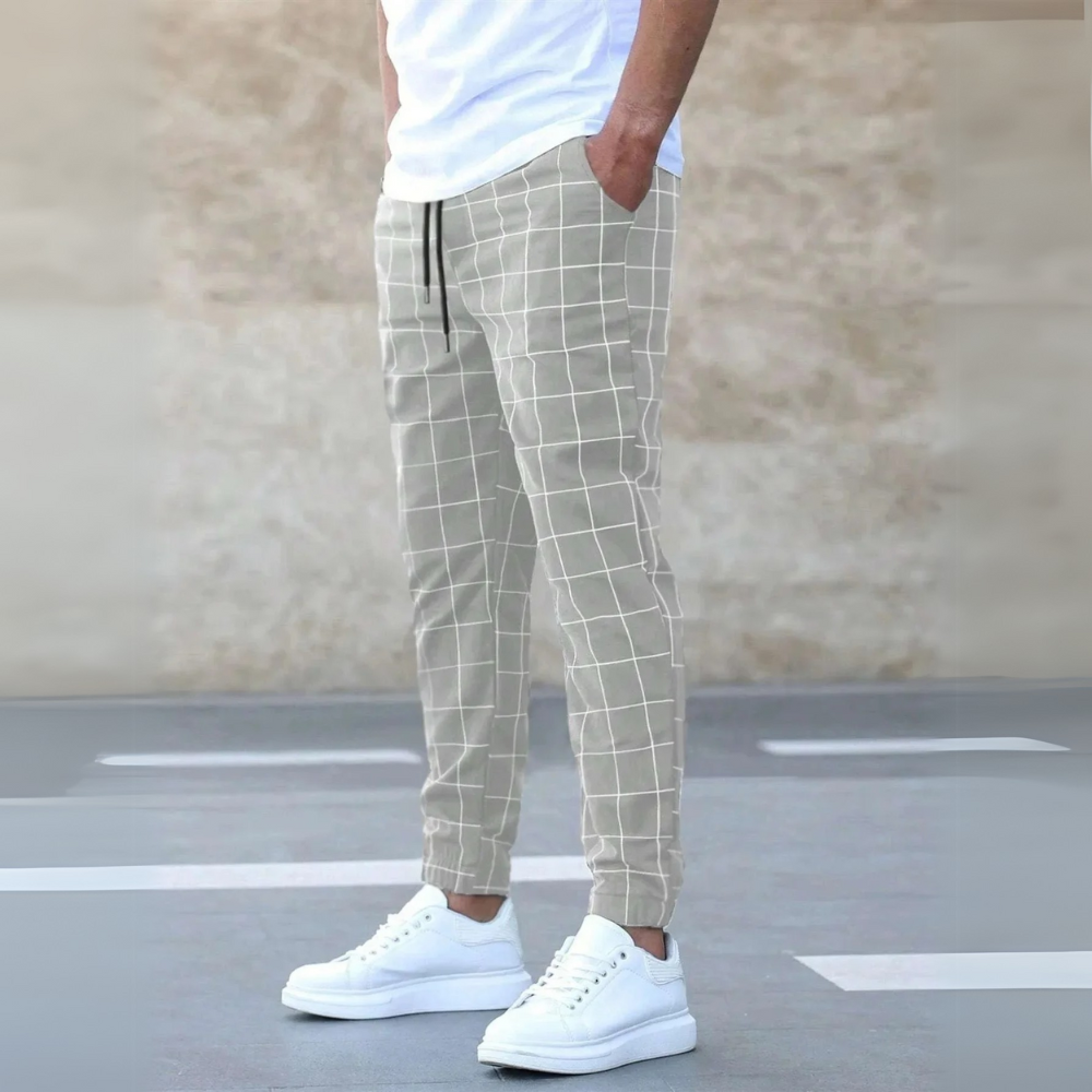 Joggers Men Checkered Tapered Fit Elastic Waist Drawstring